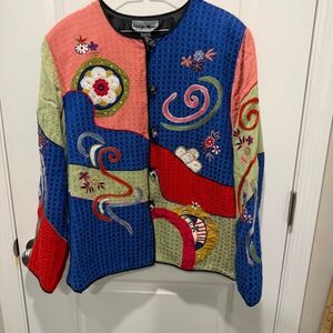 Indigo Moon Womens Jacket Embroidered Colorblock Art to Wear Size Large